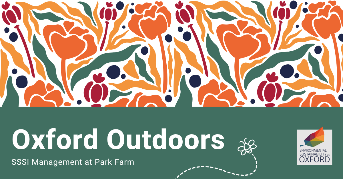 Poster of the event with text saying Oxford Outdoors and a floral pattern on a green and white background.