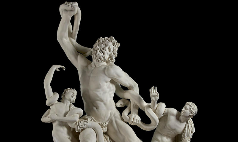 A detail of the Laocoon group statue cast in the Cast Gallery