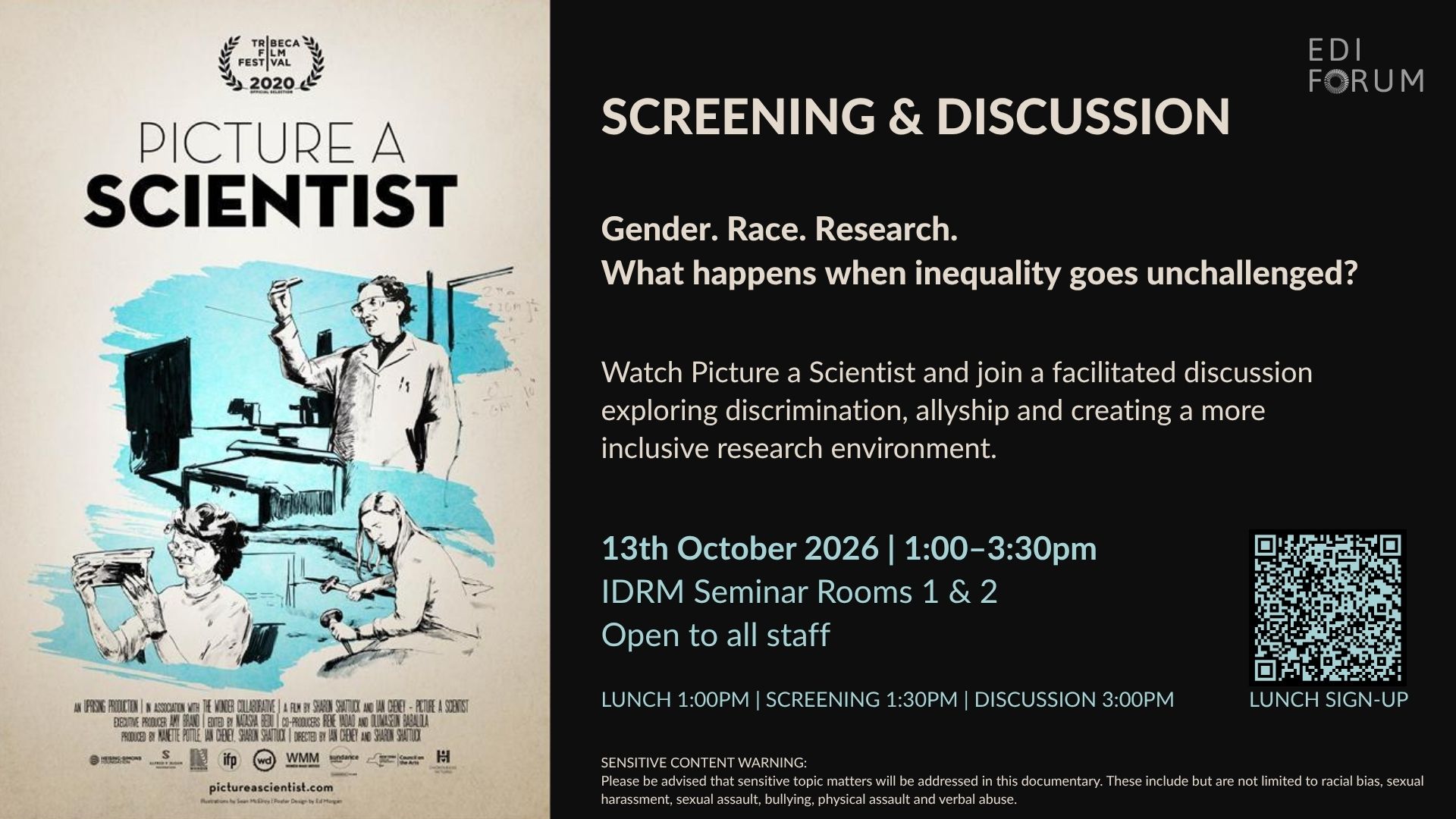 Promotional poster for screening and discussion of the Picture a Scientist documentary.