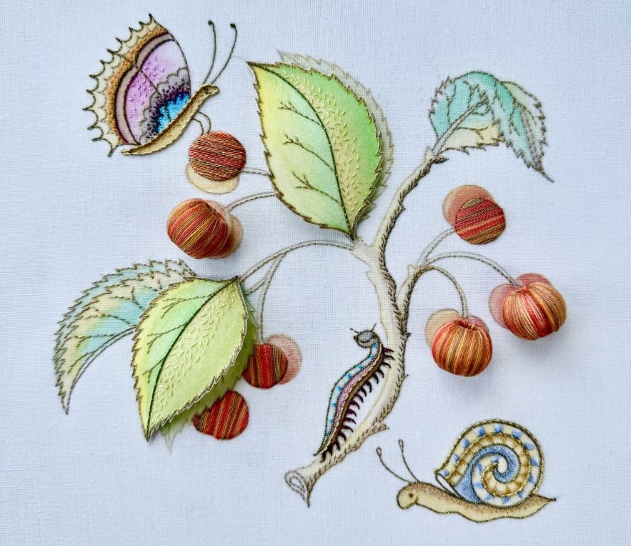 Example embroidery design by Nicola Jarvis, taking inspiration from the Flanders Cherry' illustration in Tradescant's Orchard