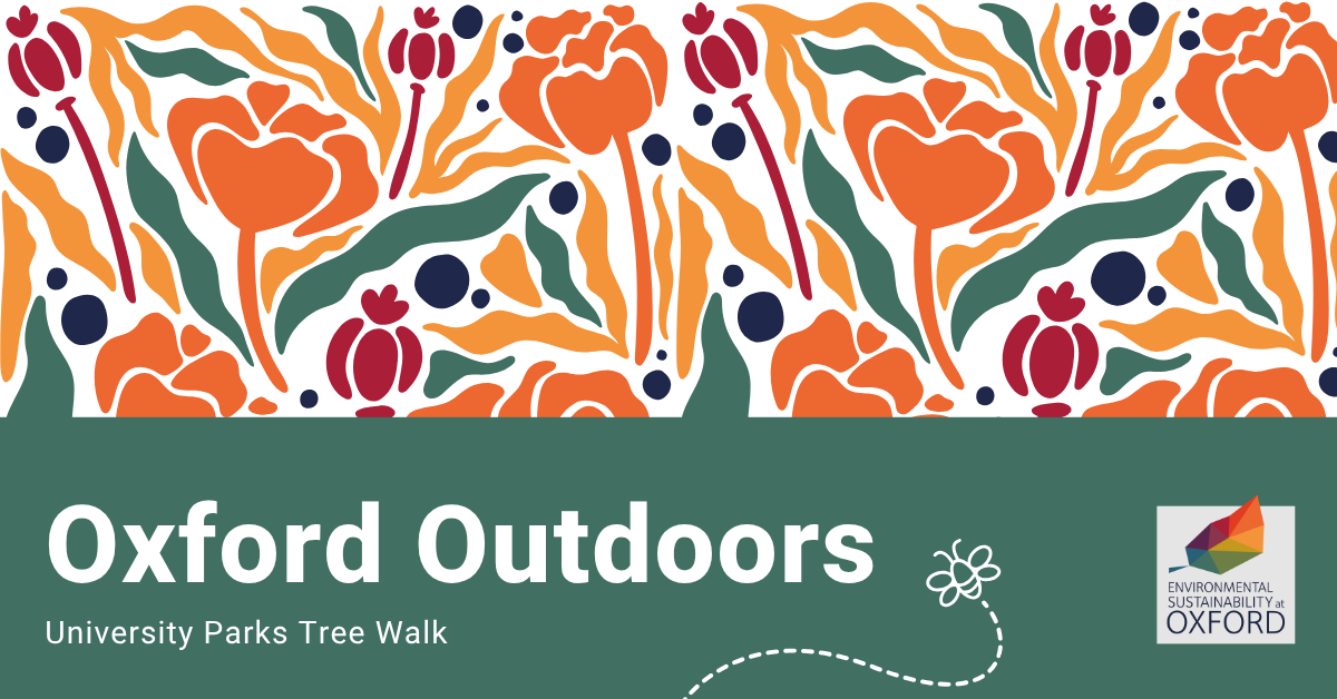 Poster of the event with text saying Oxford Outdoors and a floral pattern on a green and white background.