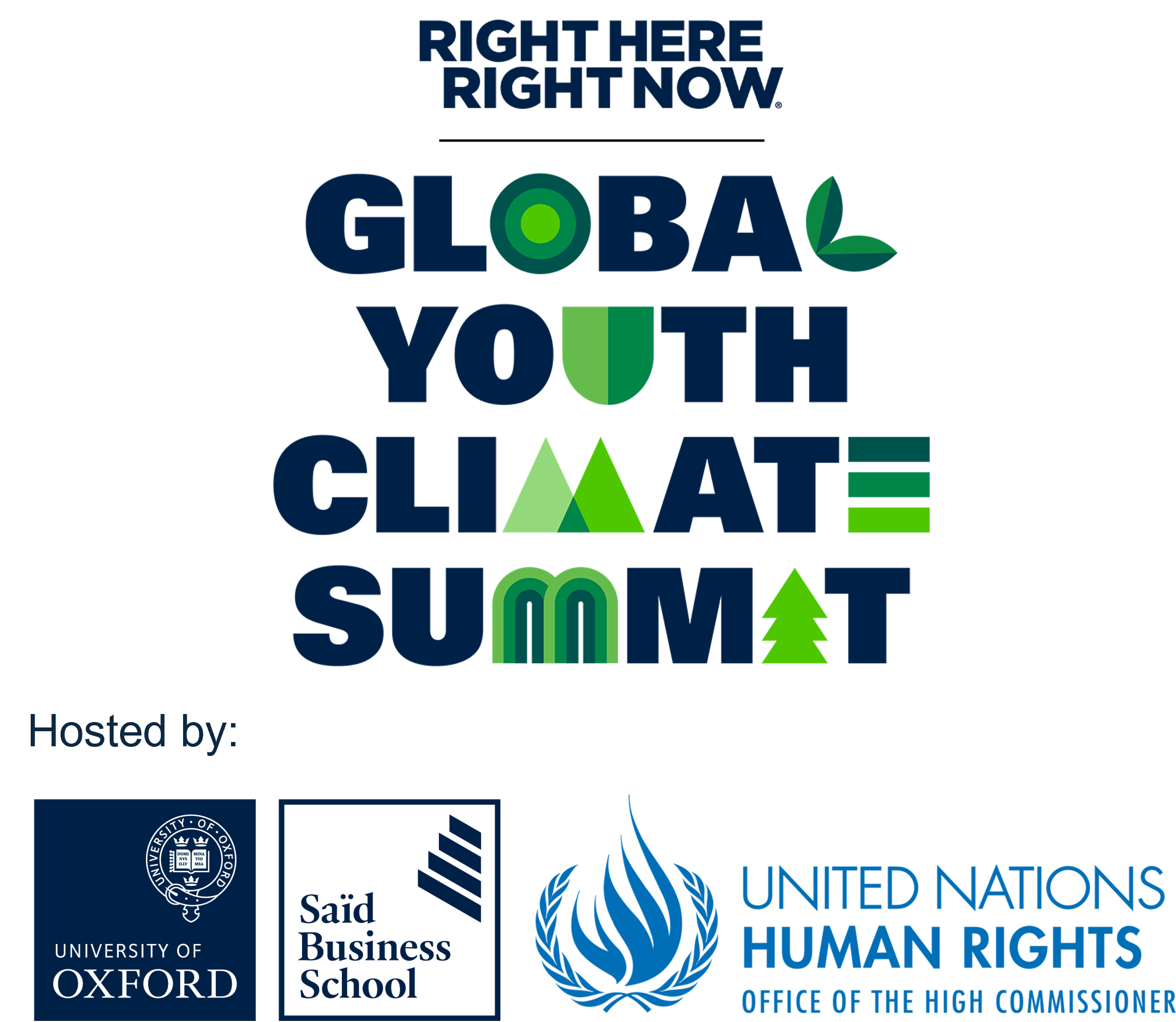 graphic event logo Right Here, Right Now Global Youth Climate Summit, hosted by Oxford Saïd and UN Human Rights