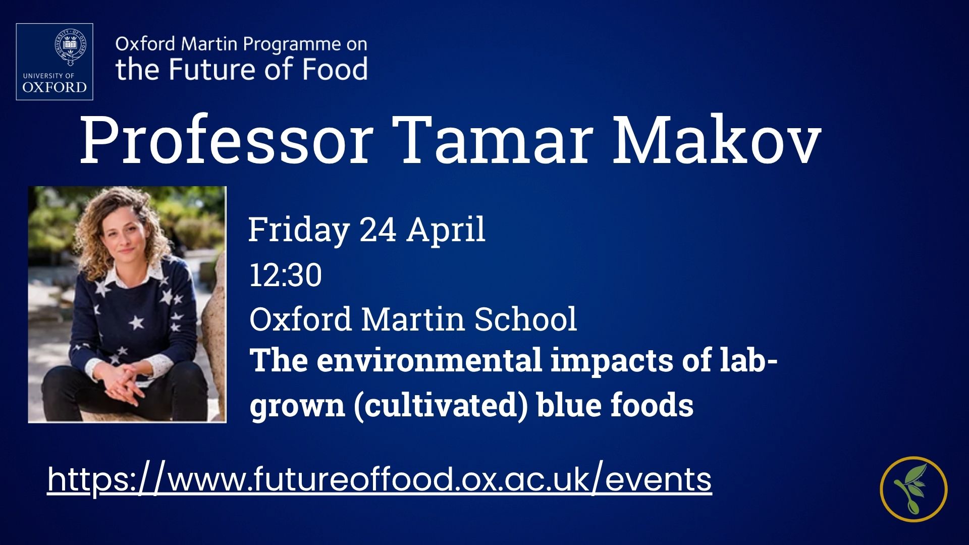 A blue flyer with the headline Professor Tamar Makov. There is a picture of a woman with curly brown hair sitting smiling at the camera.