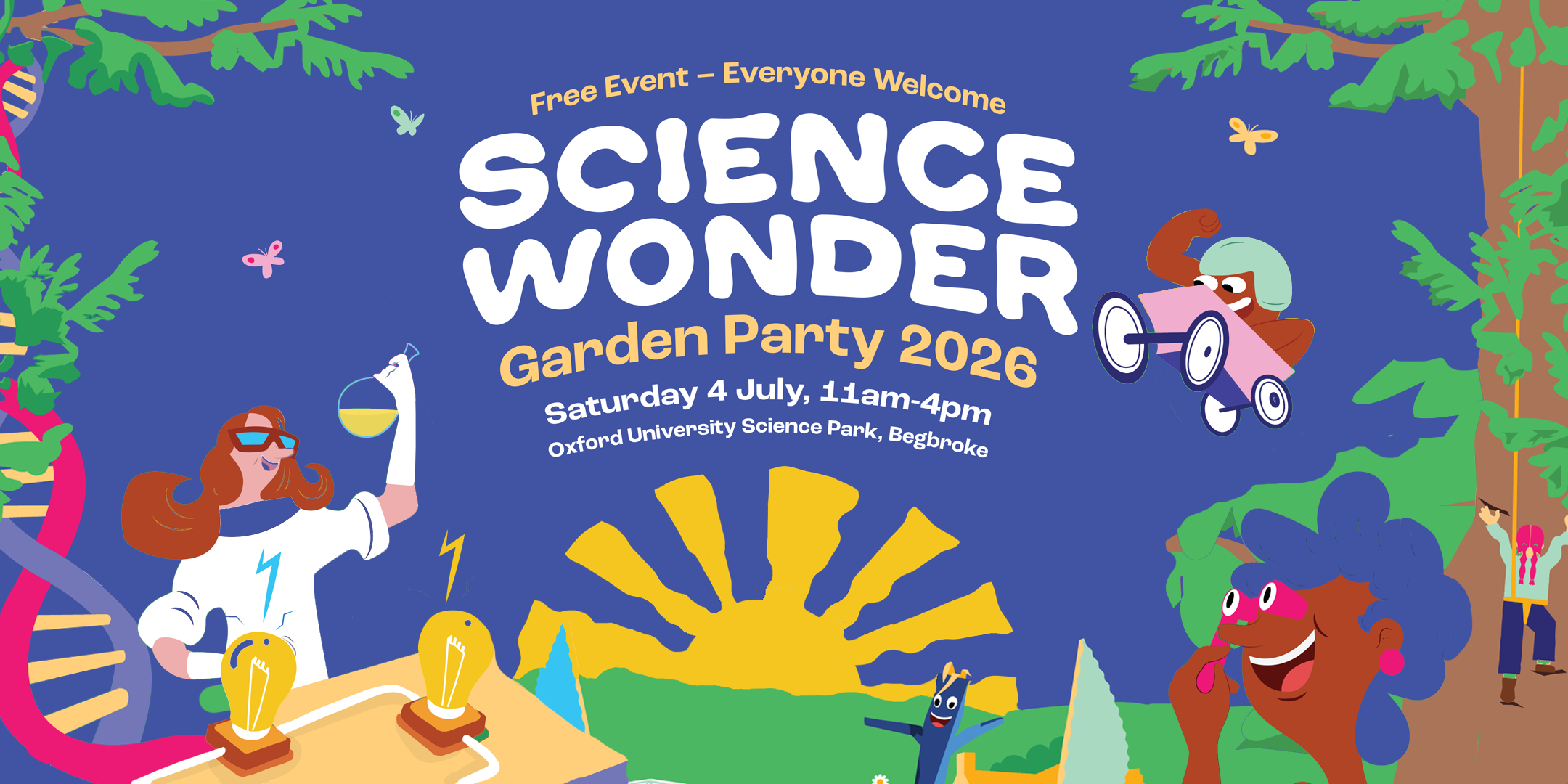 Banner for the 2026 Science Wonder Garden Party, 11am-4pm on 4 July at Oxford University Science Park, Begbroke