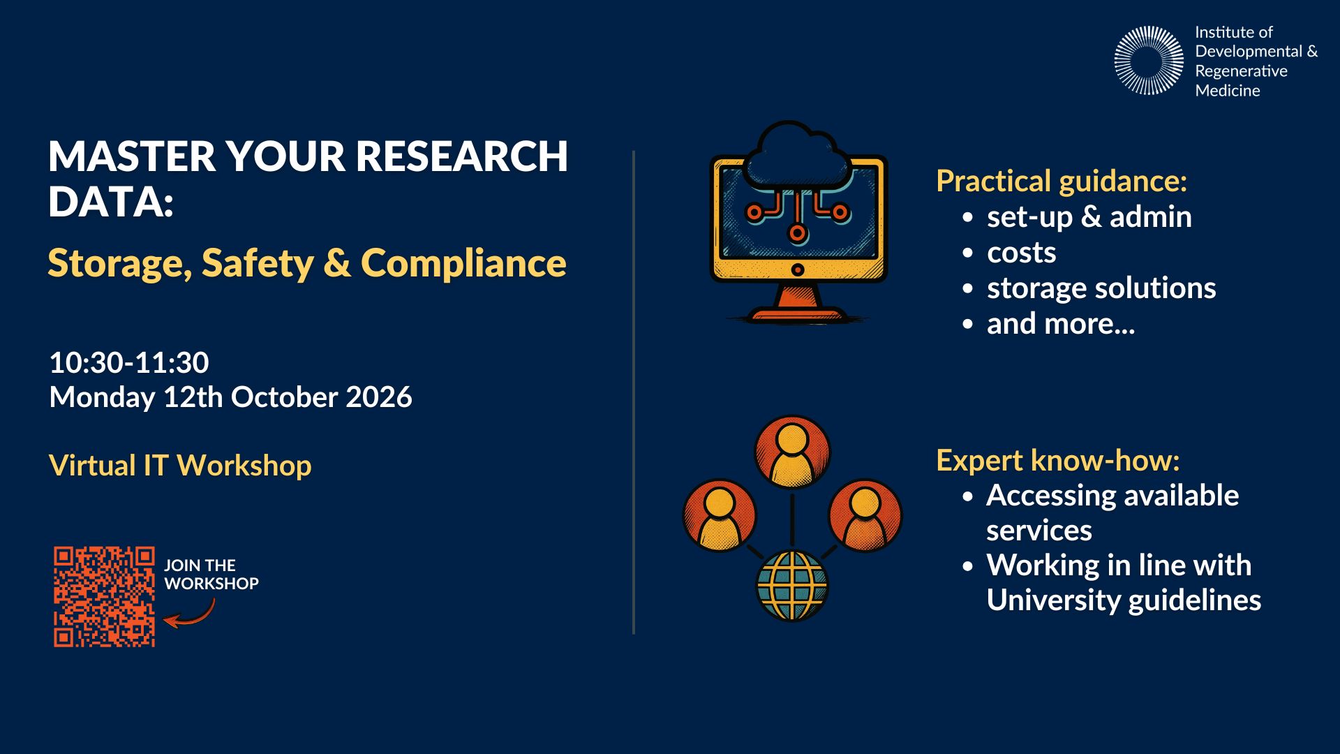 Promotional poster for IT workshop focused on data storage, safety and compliance.