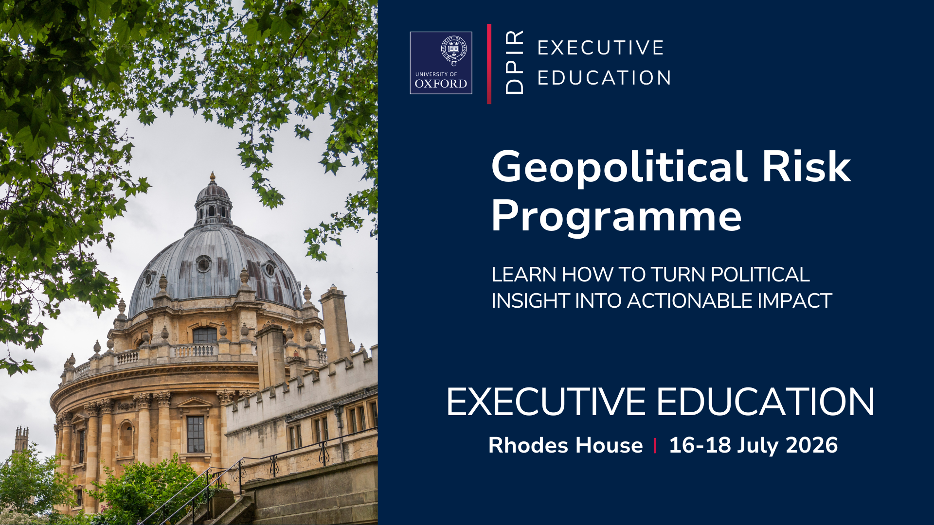 Banner showing the Radcliffe Camera in Oxford with DPIR Executive Education programme text.