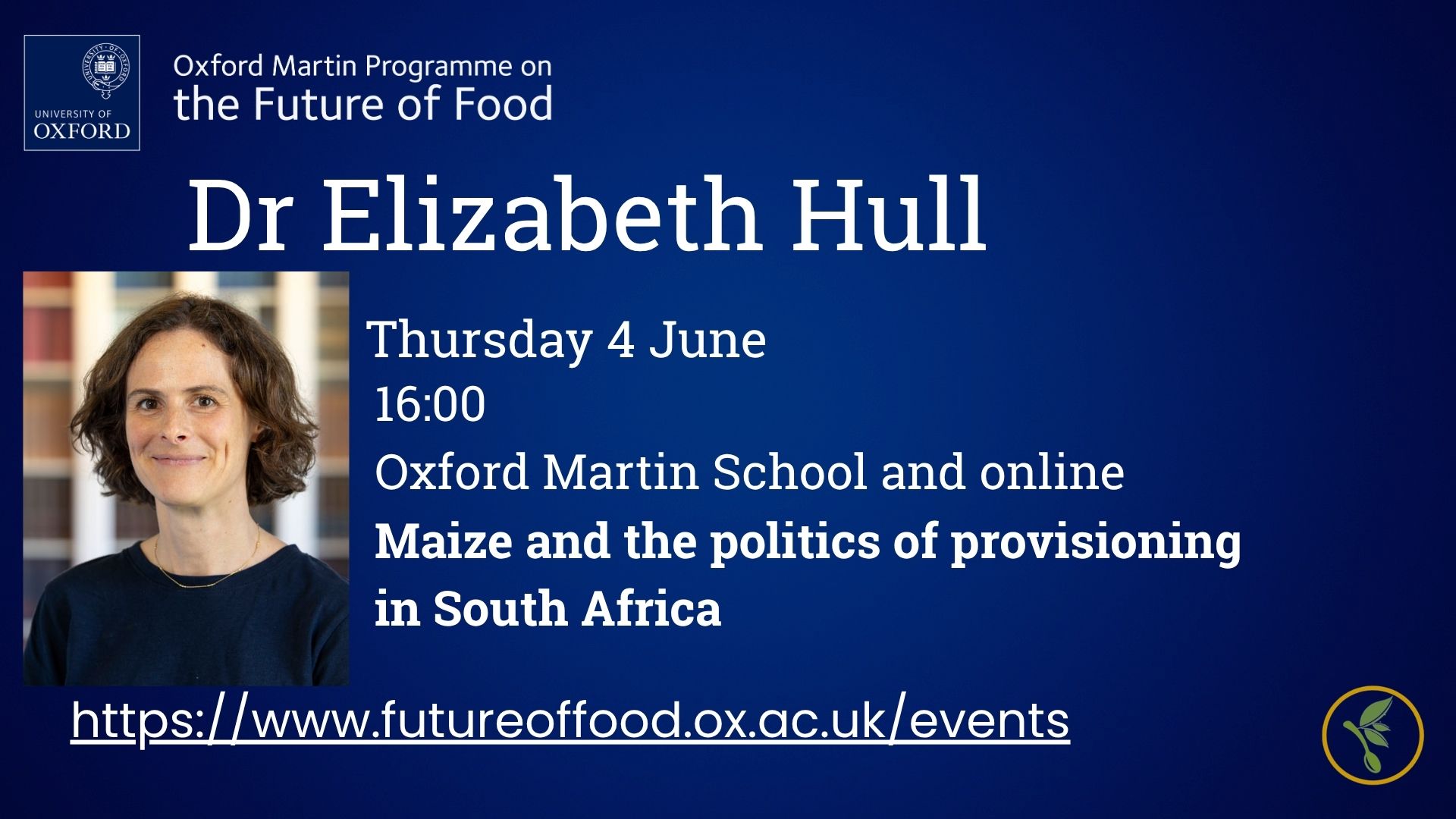 A blue flyer with a photo of a white women with brown hair smiling at the camera. On the right it reads Dr Elizabeth Hull, Thursday 4 June