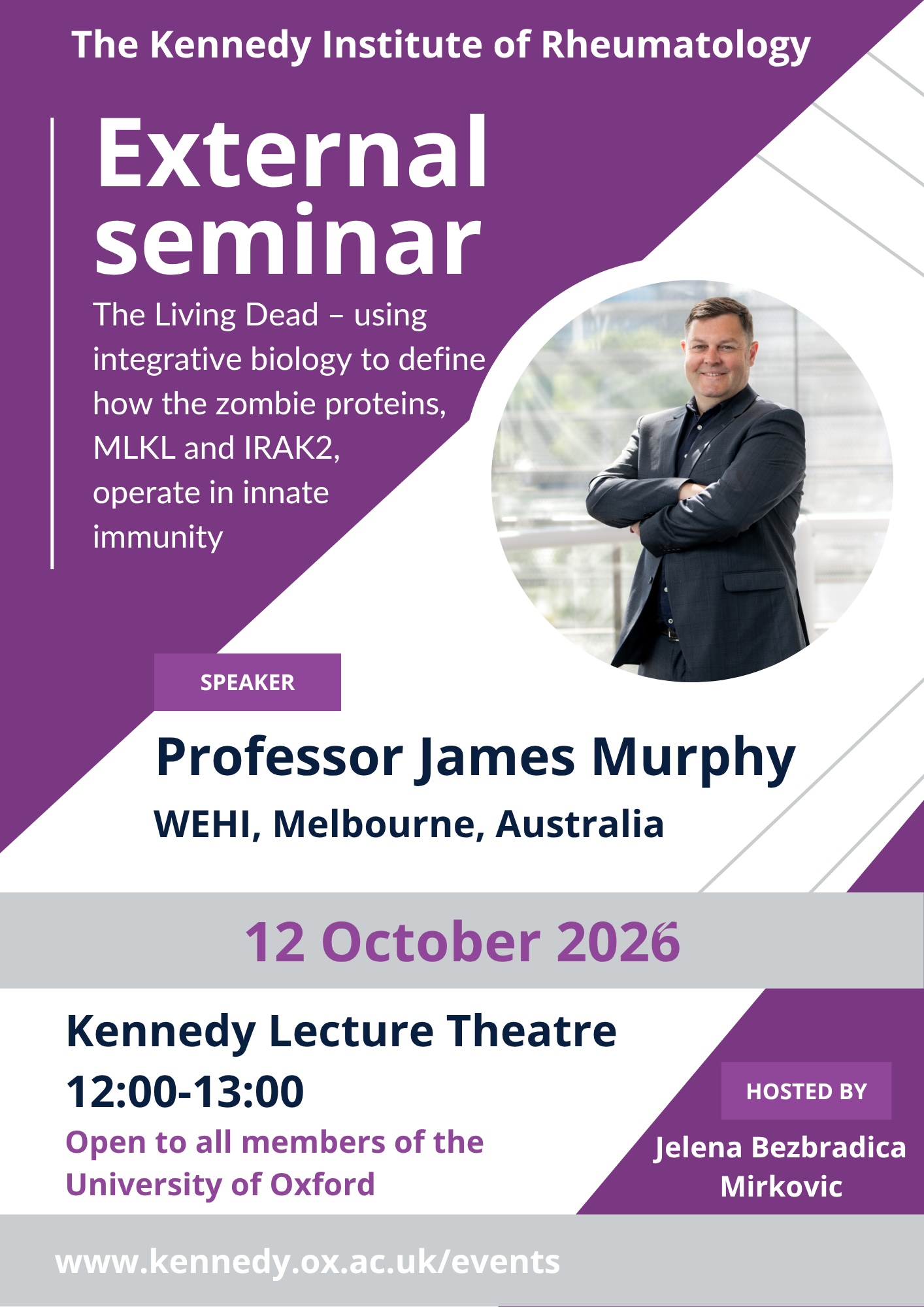 Event poster featuring key information and an image of the speaker, a person wearing a dark suit and smiling at the camera.